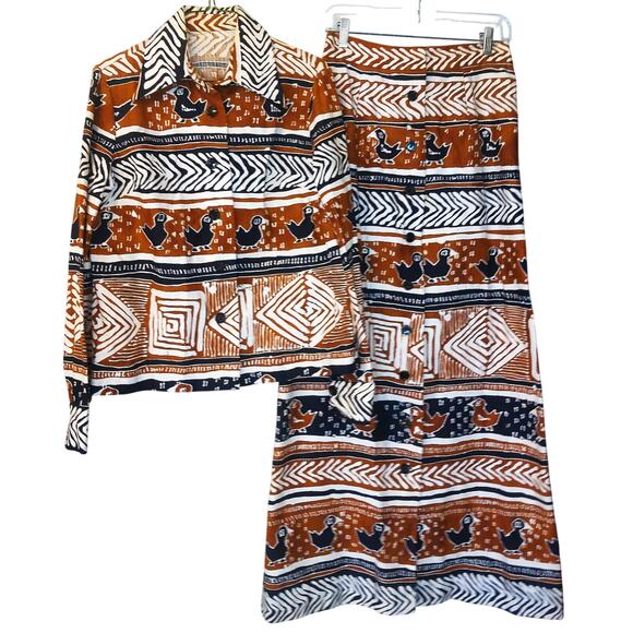 Unknown Dresses & Skirts - Vintage 90s Tribal Ethnic Bird Print Jacket & Button Front Maxi Skirt Set Boho